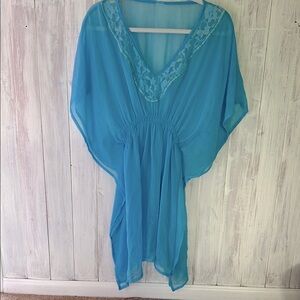 Blue Kimono Sleeve Swim Coverup with Lace Trim